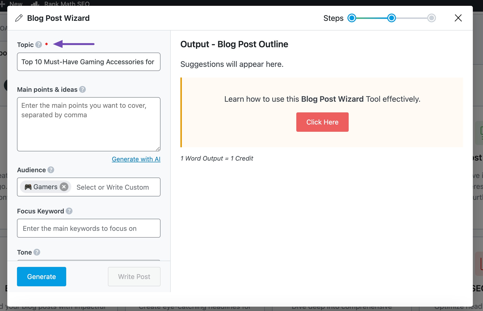 GetGenie Blog Wizard interface generating an SEO blog outline from a keyword input