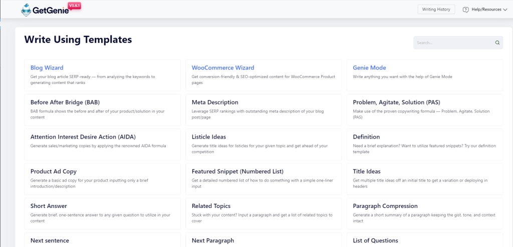 GetGenie AI features panel inside WordPress including Blog Wizard, keyword research, and content score
