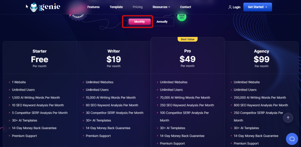 GetGenie AI pricing tiers comparison showing Free, Starter, Pro, and Agency plans for 2026