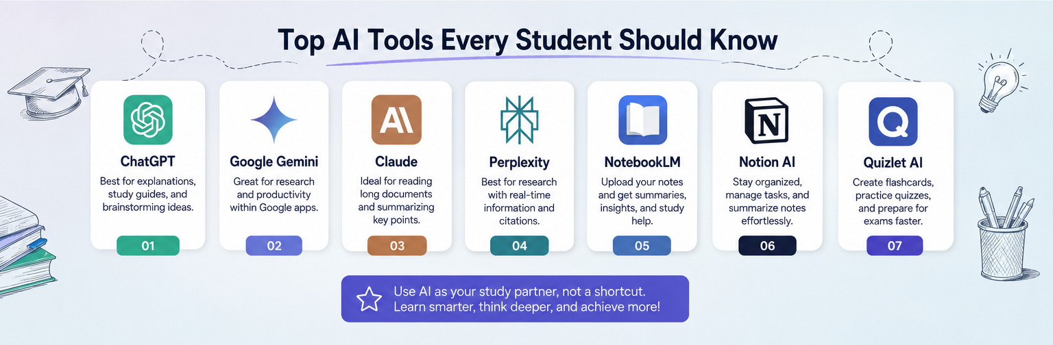 Top 7 AI tools for students 2026 ranked: ChatGPT, Gemini, Claude, Perplexity, NotebookLM, Notion AI, Quizlet AI.