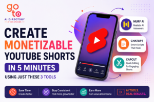 Featured image for a guide on creating monetizable YouTube Shorts in 5 minutes using Murf AI, ChatGPT, and CapCut. Includes GoTo AI Directory branding, YouTube Shorts illustration, AI tools, script writing, voiceover, and video editing workflow.