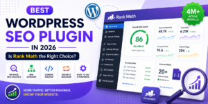Best WordPress SEO plugin 2026 featured image showing Rank Math SEO dashboard with on-page SEO analysis, XML sitemaps, schema markup, redirect manager, and WordPress SEO optimization features.