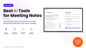 Best AI tools for meeting notes 2026 guide showing laptop with AI meeting summary, transcript, and action items interface.