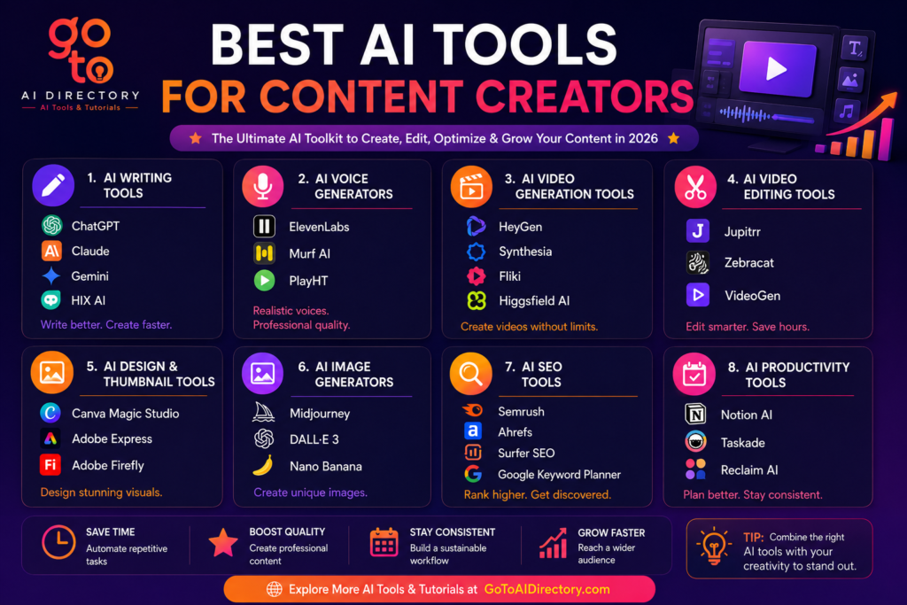 Infographic showcasing the best AI tools for content creators and YouTubers in 2026, including AI writing tools, voice generators, video generation tools, video editing software, AI image generators, SEO tools, and productivity apps for a complete content creation workflow.