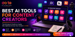 Best AI tools for content creators featured image showing AI writing assistants, video generators, AI image tools, SEO software, productivity apps, and creator workflow tools for YouTubers and digital creators in 2026.
