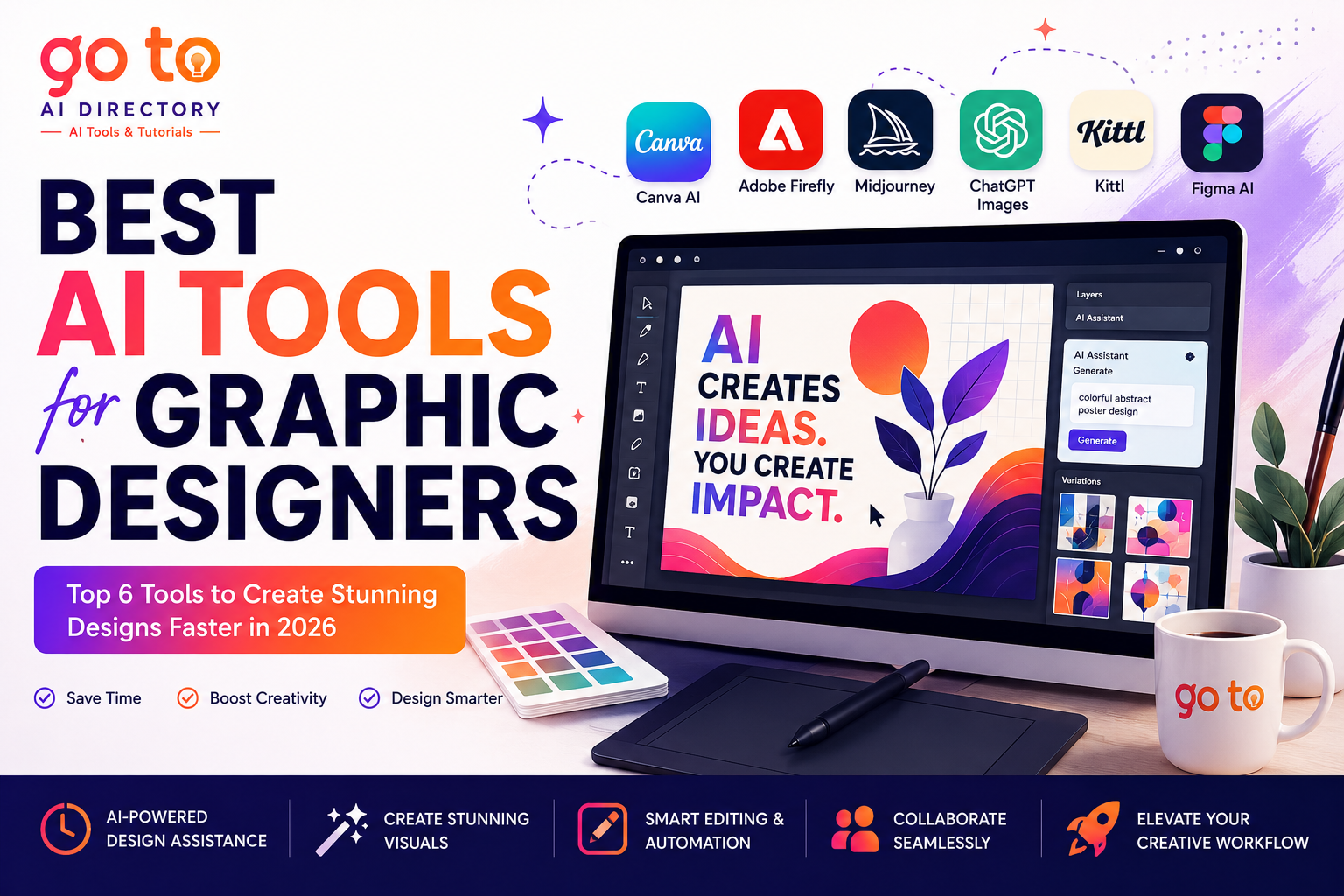 Featured image for the Best AI Tools for Graphic Designers in 2026 guide comparing Canva Magic Studio, Adobe Firefly, Midjourney, ChatGPT Images, Kittl, and Figma AI. The illustration highlights AI-powered graphic design tools for creating logos, branding, illustrations, marketing graphics, UI design, and social media content more efficiently.