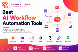 Best AI Workflow Automation Tools in 2026 guide showcasing Zapier AI, Make, n8n, Lindy, Gumloop, Relay.app, and Pipedream. The illustration highlights AI workflow automation, AI automation software, business process automation, AI agents for business, and no-code workflow automation