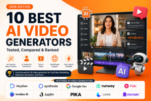 Best AI video generators comparison featuring HeyGen, Synthesia, Google Veo, Runway, Fliki, InVideo AI, Jupitrr AI, Pika, Luma Dream Machine, and Pictory for AI video creation, AI avatars, and text-to-video in 2026.