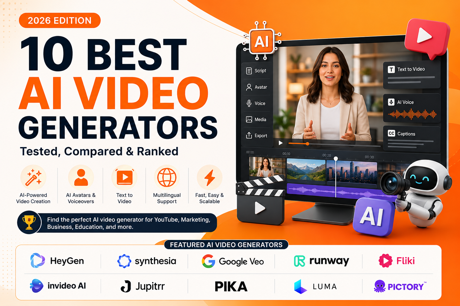 Best AI video generators comparison featuring HeyGen, Synthesia, Google Veo, Runway, Fliki, InVideo AI, Jupitrr AI, Pika, Luma Dream Machine, and Pictory for AI video creation, AI avatars, and text-to-video in 2026.
