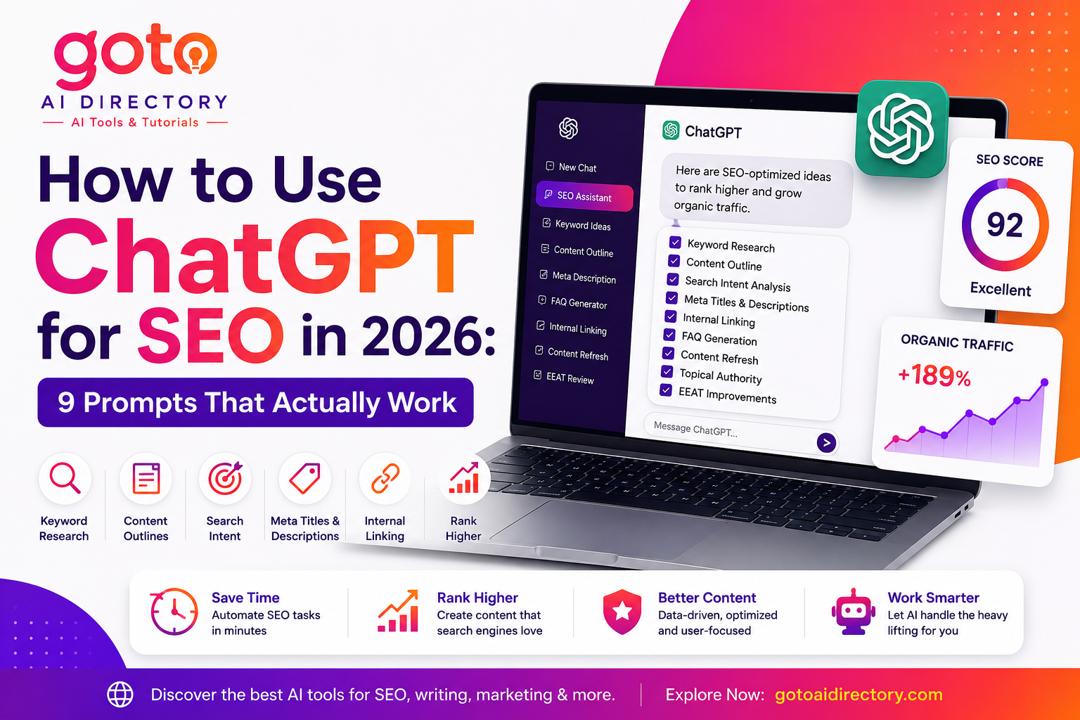 How to Use ChatGPT for SEO in 2026 featured image highlighting 9 proven ChatGPT SEO prompts for keyword research, content optimization, internal linking, meta titles, EEAT improvements, and higher Google rankings.