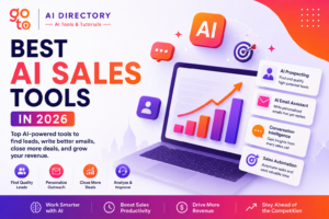 Featured image for the Best AI Sales Tools in 2026 guide showcasing AI-powered sales software for prospecting, email outreach, conversation intelligence, and sales automation. The illustration highlights how AI sales tools help businesses find qualified leads, personalize emails, improve sales productivity, automate repetitive tasks, and increase revenue using the GoToAI Directory brand colors and logo.