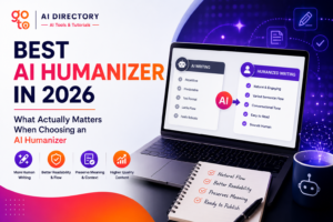 Featured image for the Best AI Humanizer in 2026 guide comparing AI-generated writing with humanized writing. The illustration highlights how AI humanizer tools improve readability, sentence flow, conversational tone, and meaning preservation to create more natural, human-like content. Designed using the GoToAI Directory brand colors and logo, the graphic focuses on AI writing, AI rewriting, content editing, and AI humanizer software.